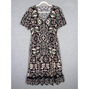 Fat Face Priya Mosaic Leaf Midi Dress Size 8R Black Green Tan Tiered Peasant‎